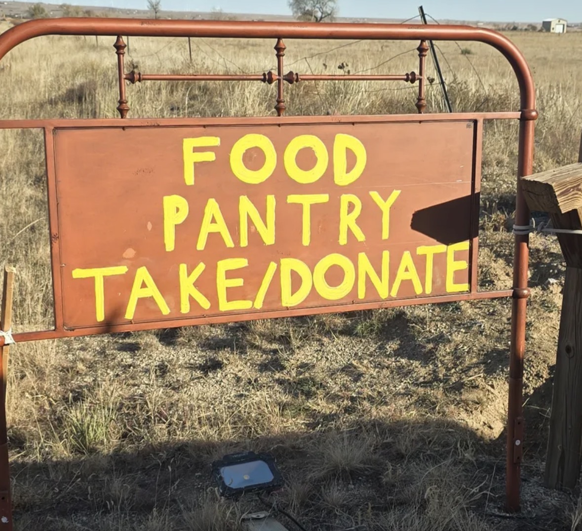 Food Pantry Take/Donate sign in rural Colorado setting
